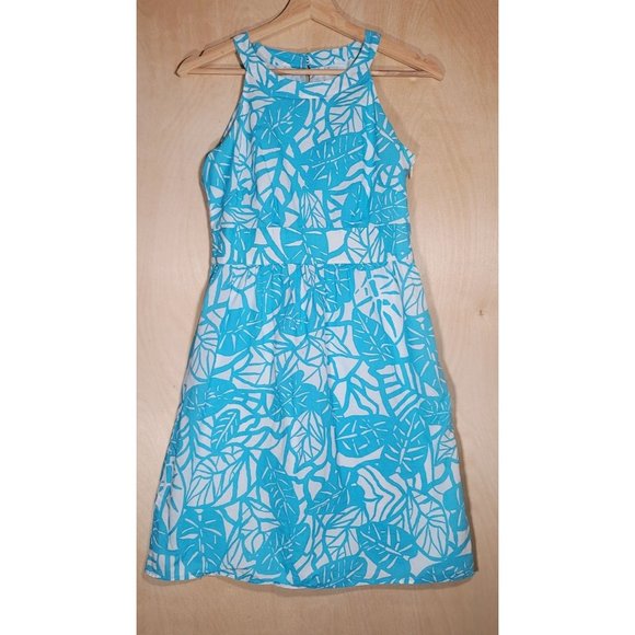 Ann Taylor Dresses & Skirts - Ann Taylor Aqua Blue Leaf Pattern Halter Summer Dress Women's Petite 2